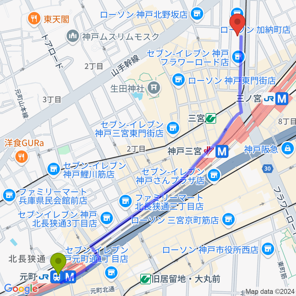 元町駅からジャパンギタースクール三宮校へのルートマップ地図