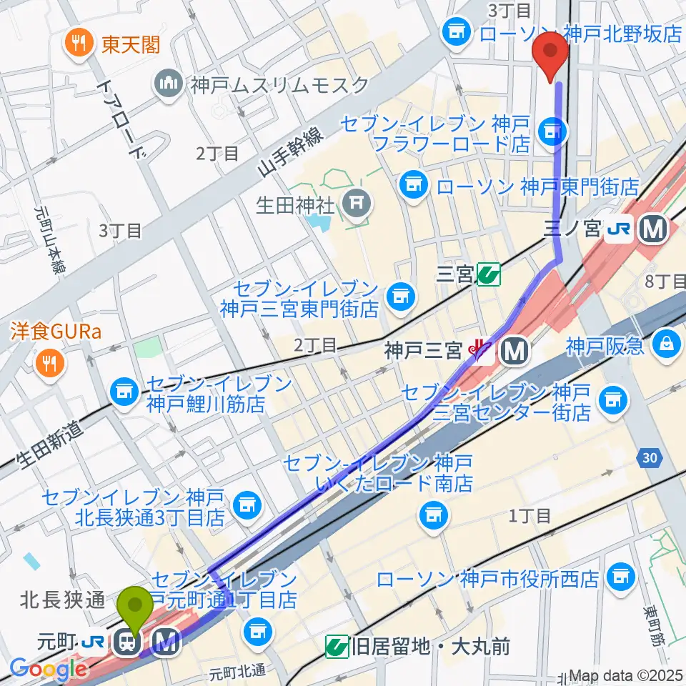 元町駅からジャパンギタースクール三宮校へのルートマップ地図