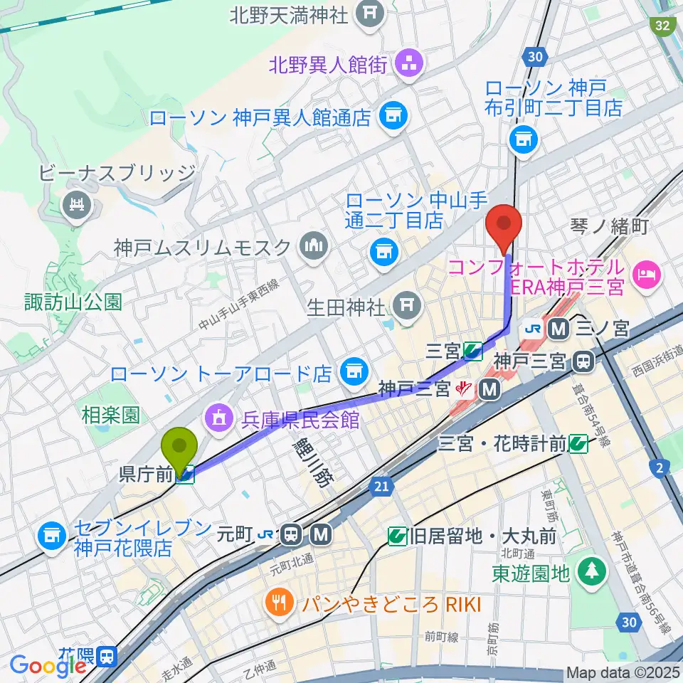 県庁前駅からジャパンギタースクール三宮校へのルートマップ地図