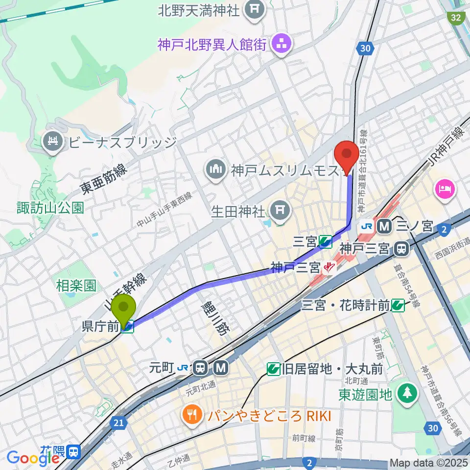 県庁前駅からジャパンギタースクール三宮校へのルートマップ地図