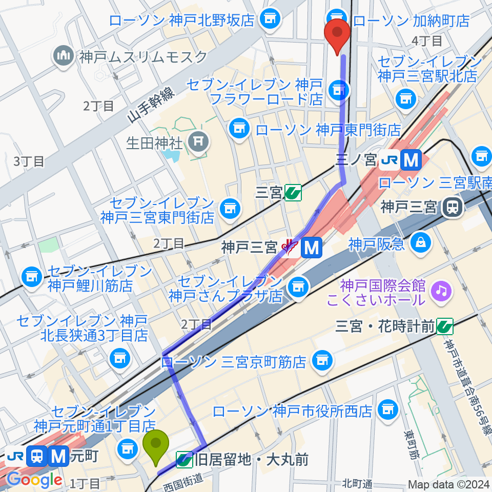 旧居留地・大丸前駅からジャパンギタースクール三宮校へのルートマップ地図