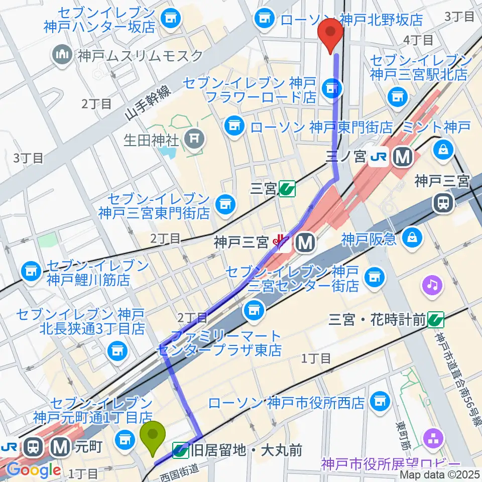 旧居留地・大丸前駅からジャパンギタースクール三宮校へのルートマップ地図