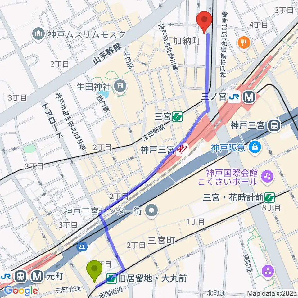 旧居留地・大丸前駅からジャパンギタースクール三宮校へのルートマップ地図