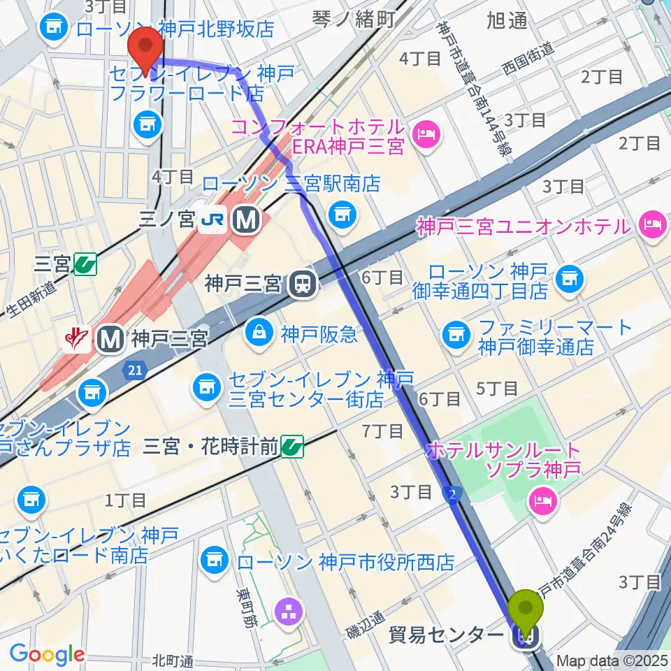 貿易センター駅からジャパンギタースクール三宮校へのルートマップ地図