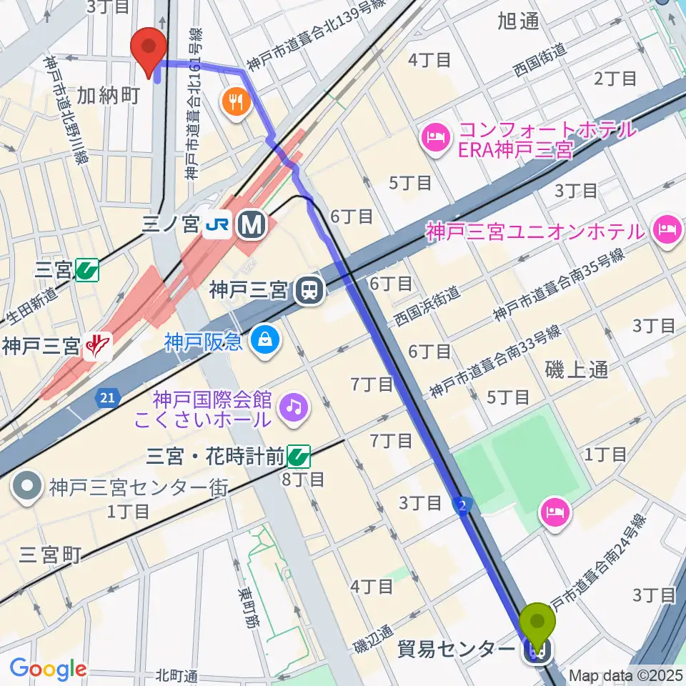 貿易センター駅からジャパンギタースクール三宮校へのルートマップ地図