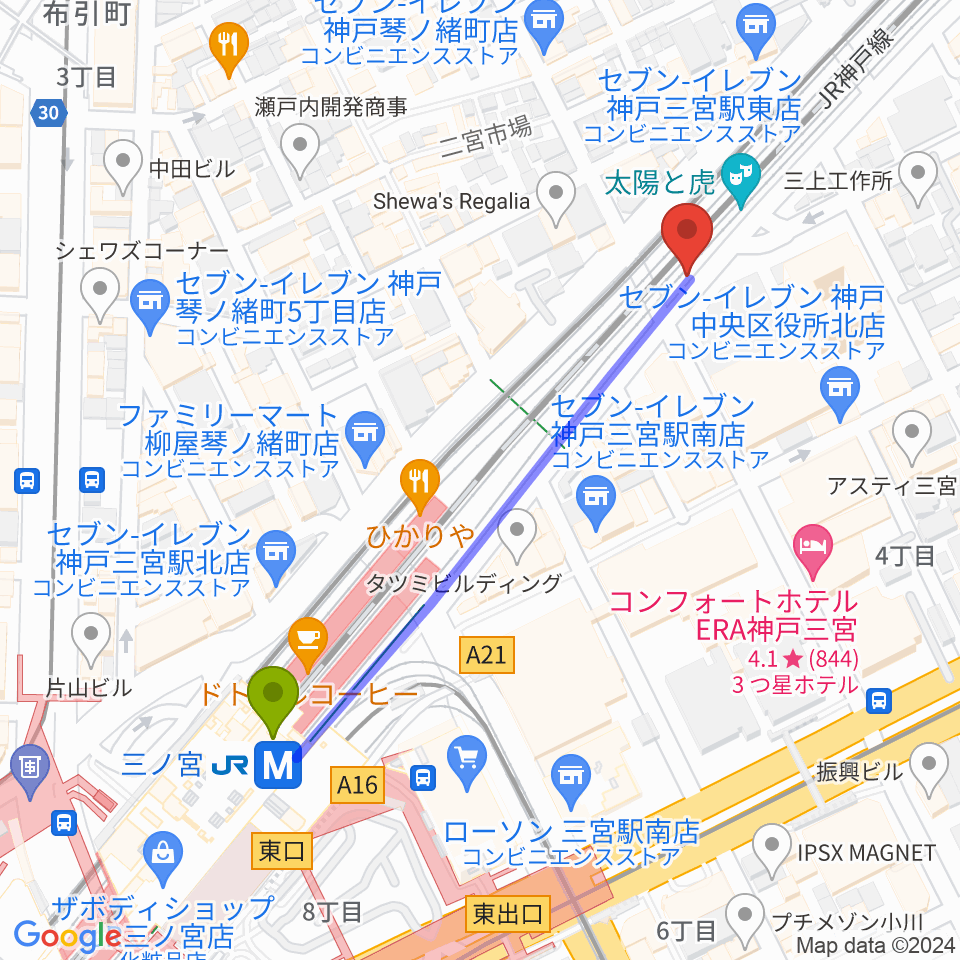 三宮KOBE16bitの最寄駅三ノ宮駅からの徒歩ルート（約5分）地図