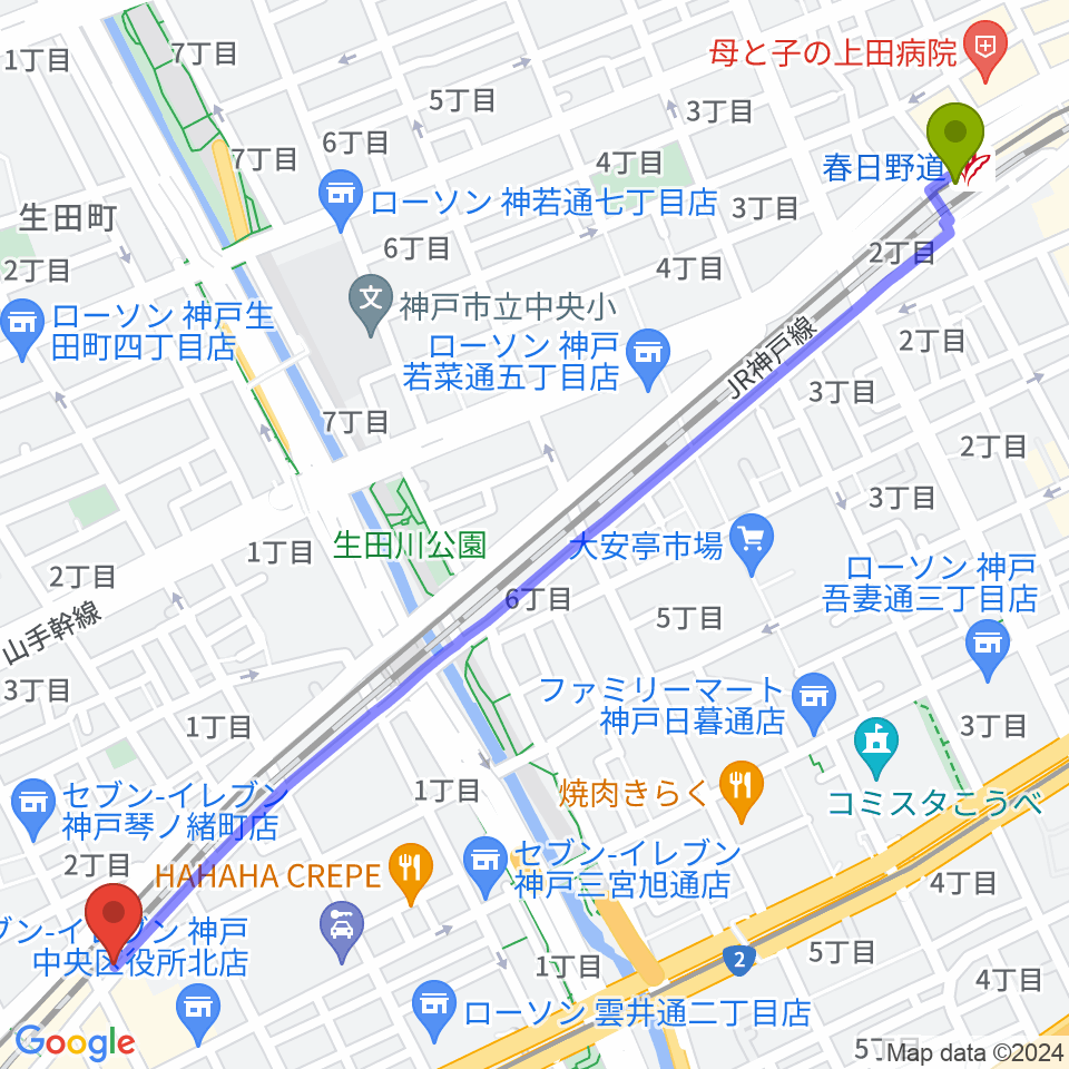 春日野道駅から三宮KOBE16bitへのルートマップ地図