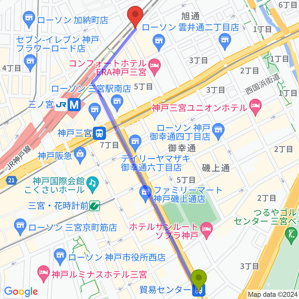 貿易センター駅から三宮KOBE16bitへのルートマップ地図