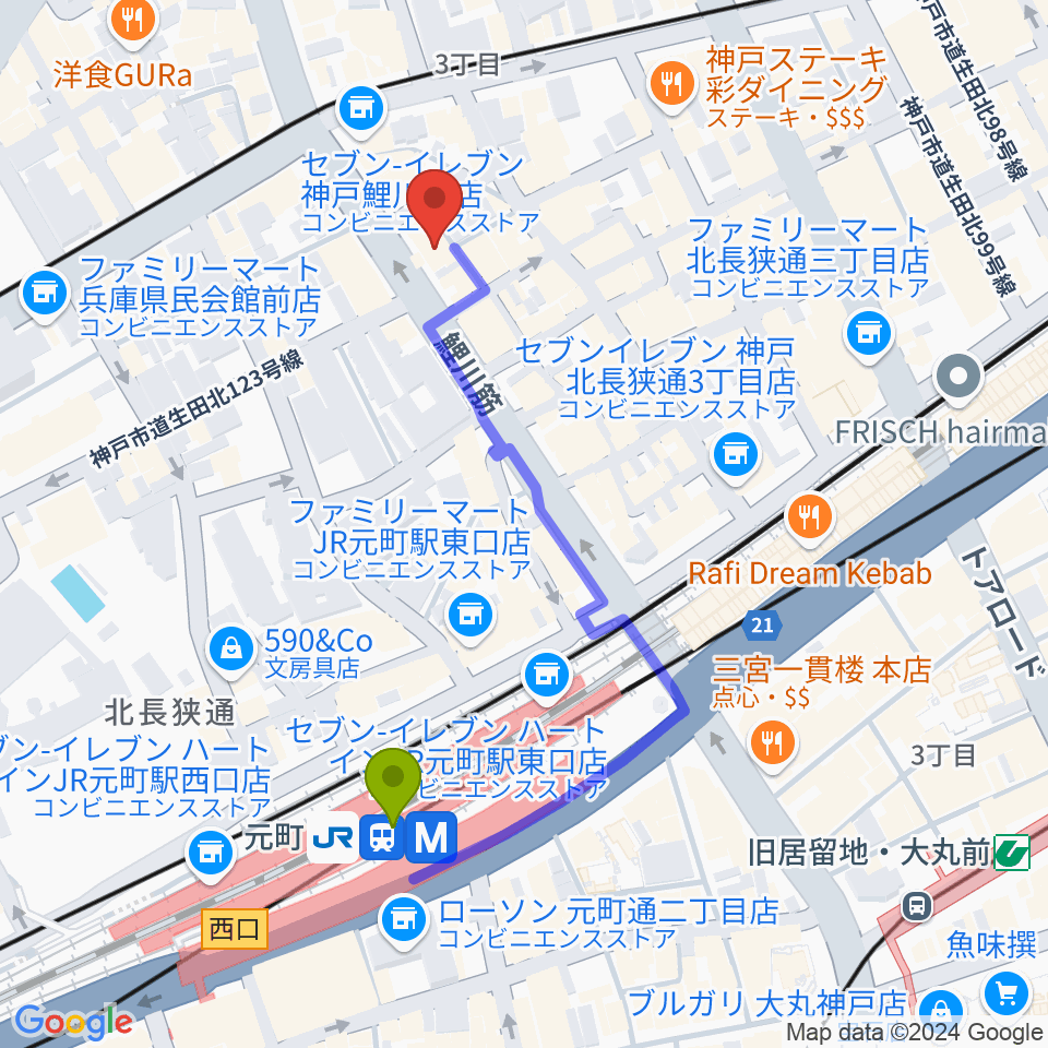 Strada Recordsの最寄駅元町駅からの徒歩ルート（約4分）地図