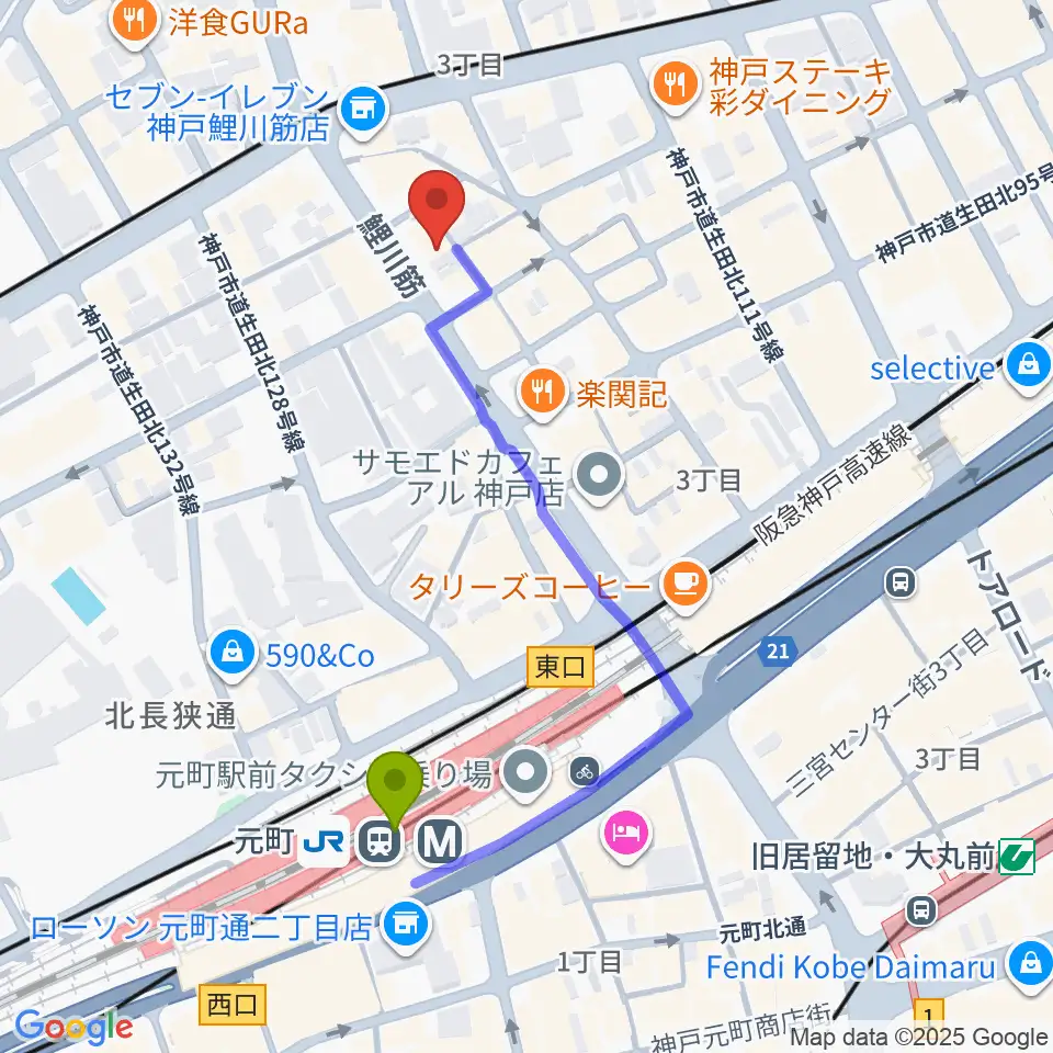 Strada Recordsの最寄駅元町駅からの徒歩ルート（約4分）地図