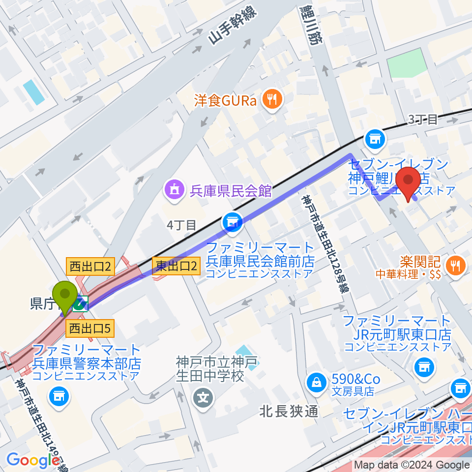 県庁前駅からStrada Recordsへのルートマップ地図