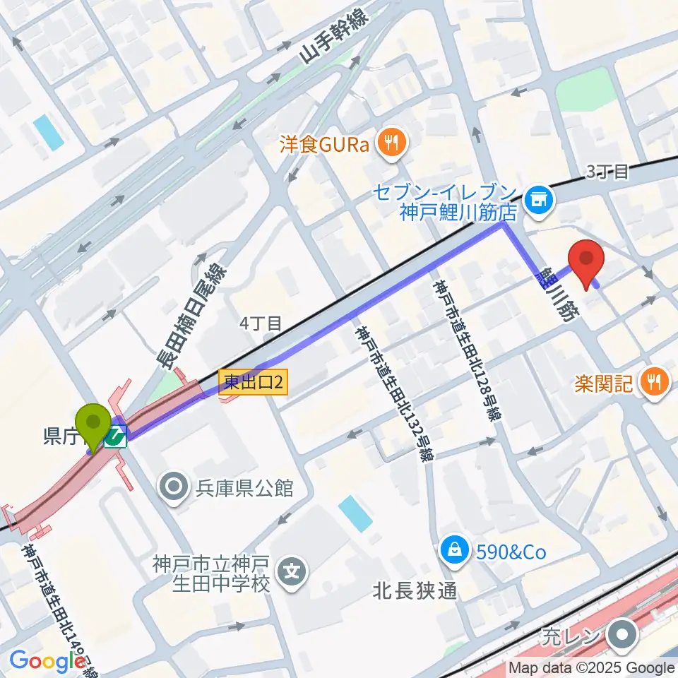 県庁前駅からStrada Recordsへのルートマップ地図