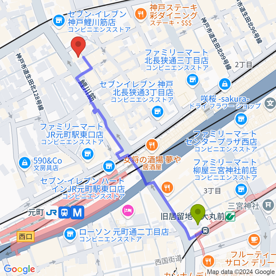 旧居留地・大丸前駅からStrada Recordsへのルートマップ地図