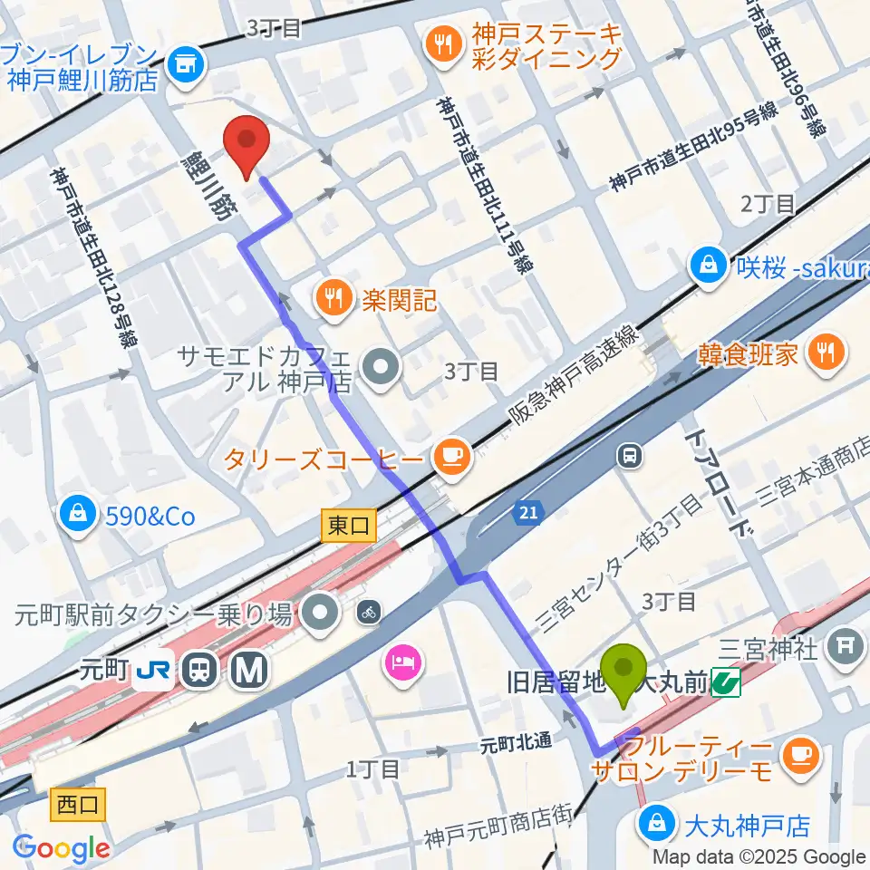 旧居留地・大丸前駅からStrada Recordsへのルートマップ地図