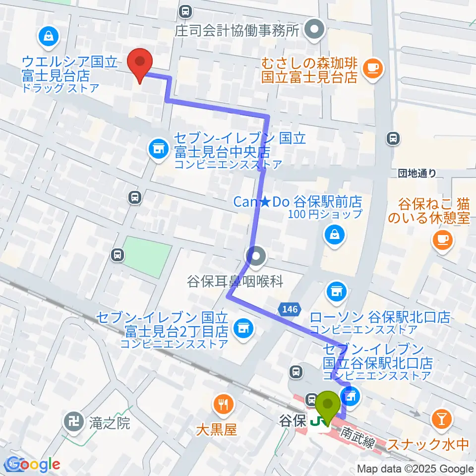 スタジオ・レニーの最寄駅谷保駅からの徒歩ルート（約6分）地図