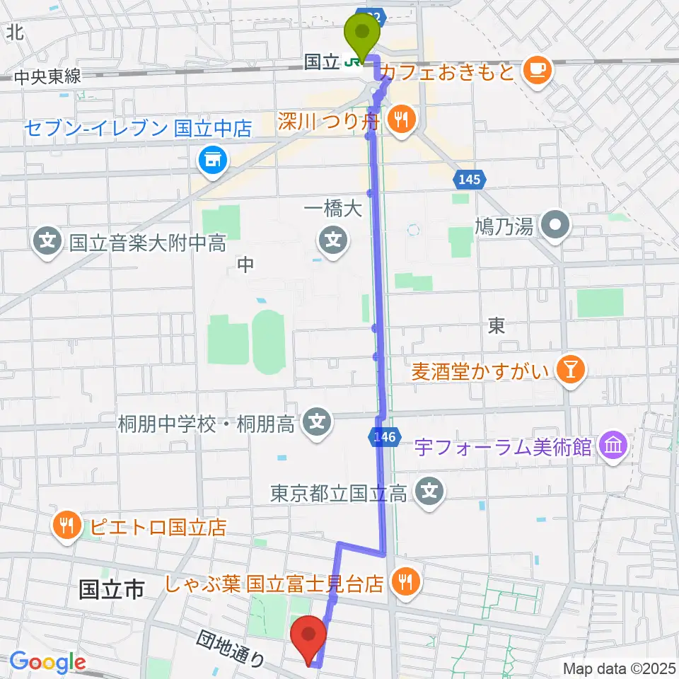 国立駅からスタジオ・レニーへのルートマップ地図