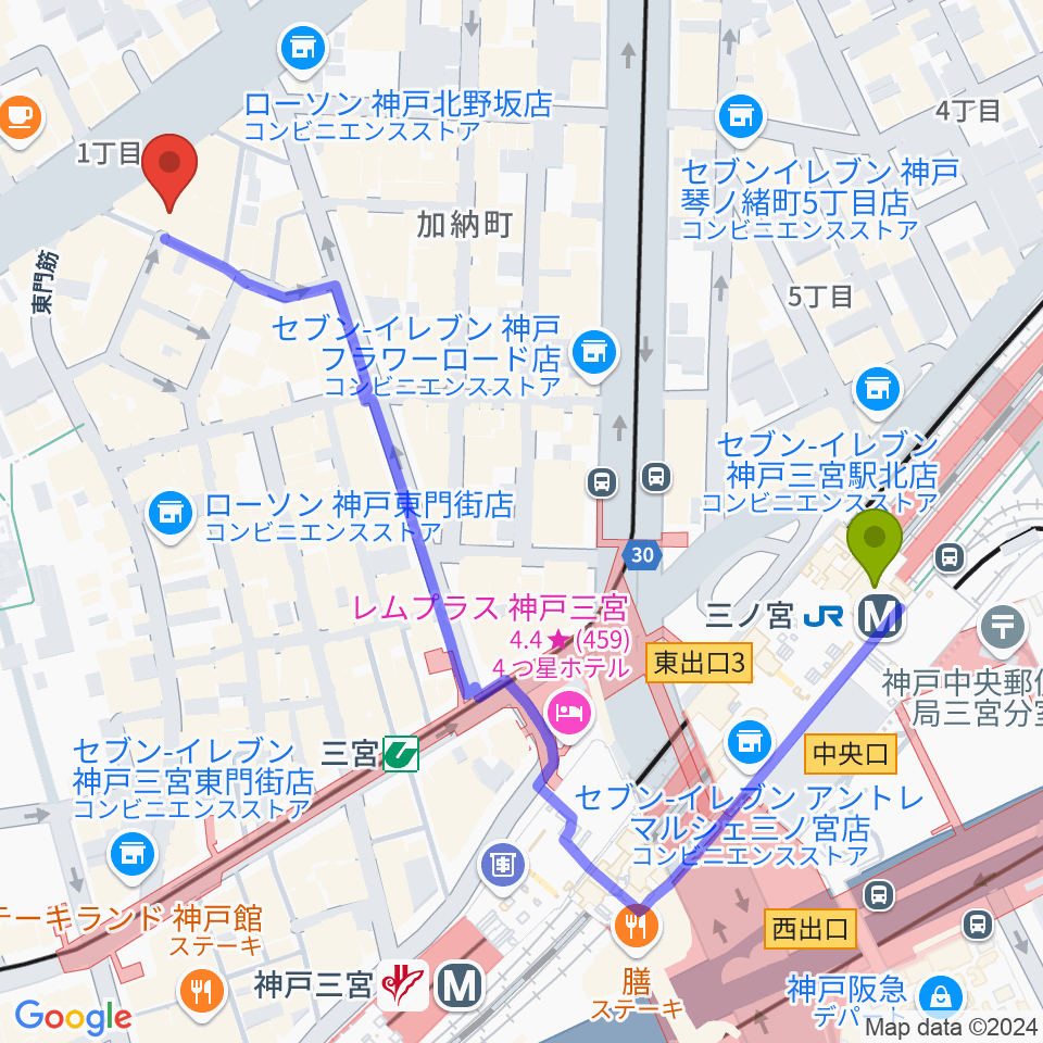 nagomibarの最寄駅三ノ宮駅からの徒歩ルート（約6分）地図