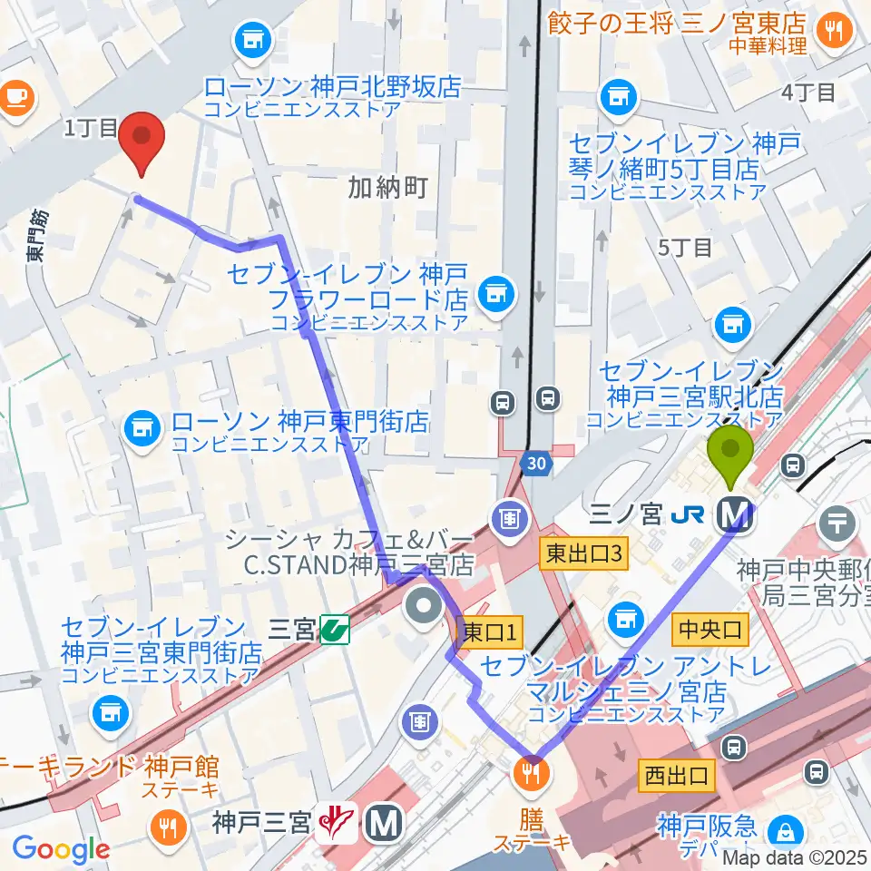 nagomibarの最寄駅三ノ宮駅からの徒歩ルート（約6分）地図