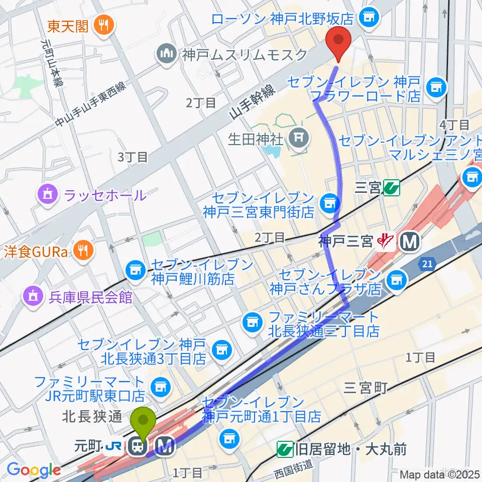 元町駅からnagomibarへのルートマップ地図