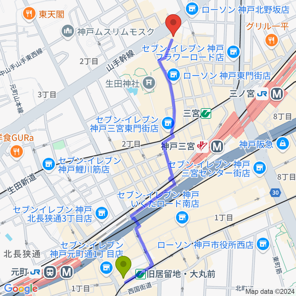 旧居留地・大丸前駅からnagomibarへのルートマップ地図