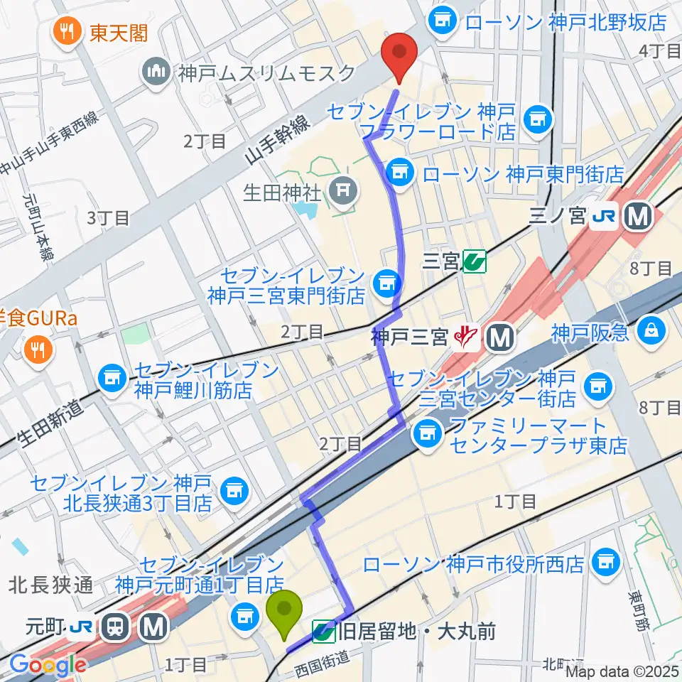 旧居留地・大丸前駅からnagomibarへのルートマップ地図