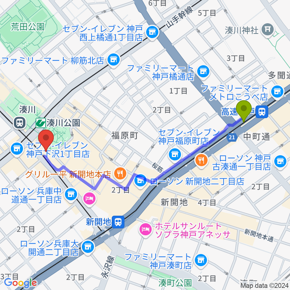 高速神戸駅から新開地MILKY SOUNDへのルートマップ地図