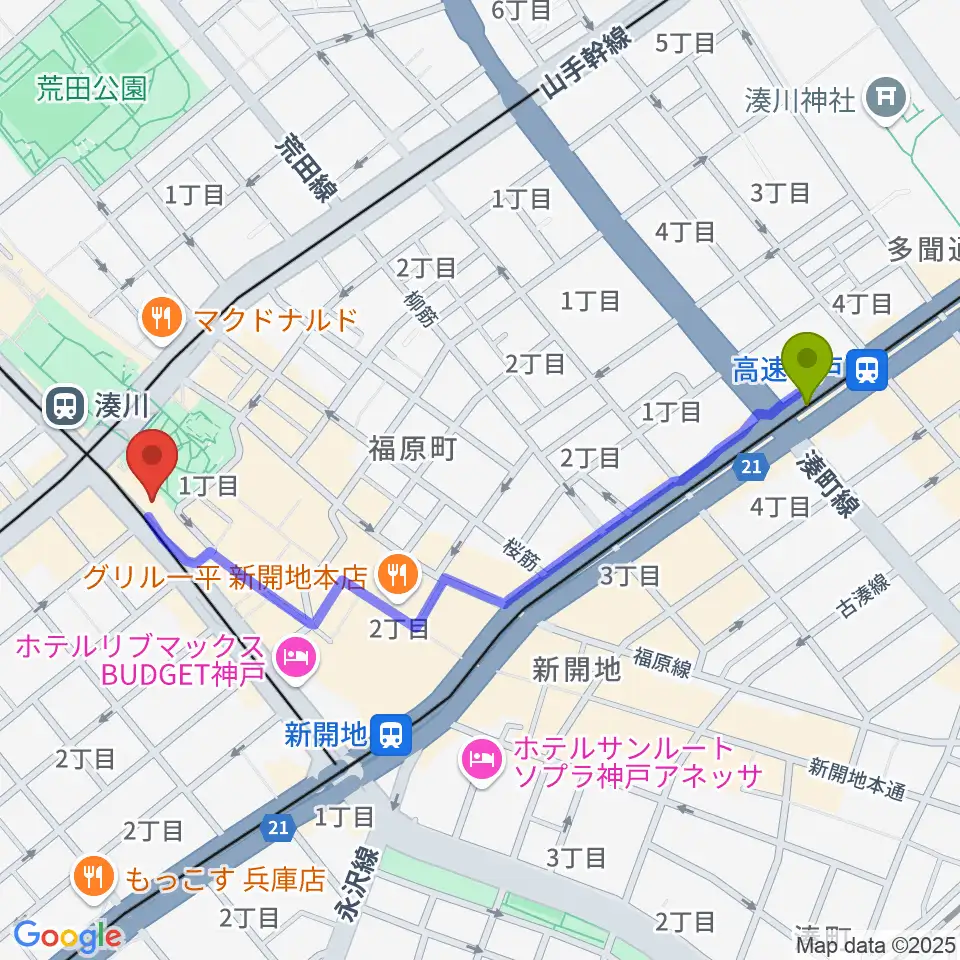 高速神戸駅から新開地MILKY SOUNDへのルートマップ地図