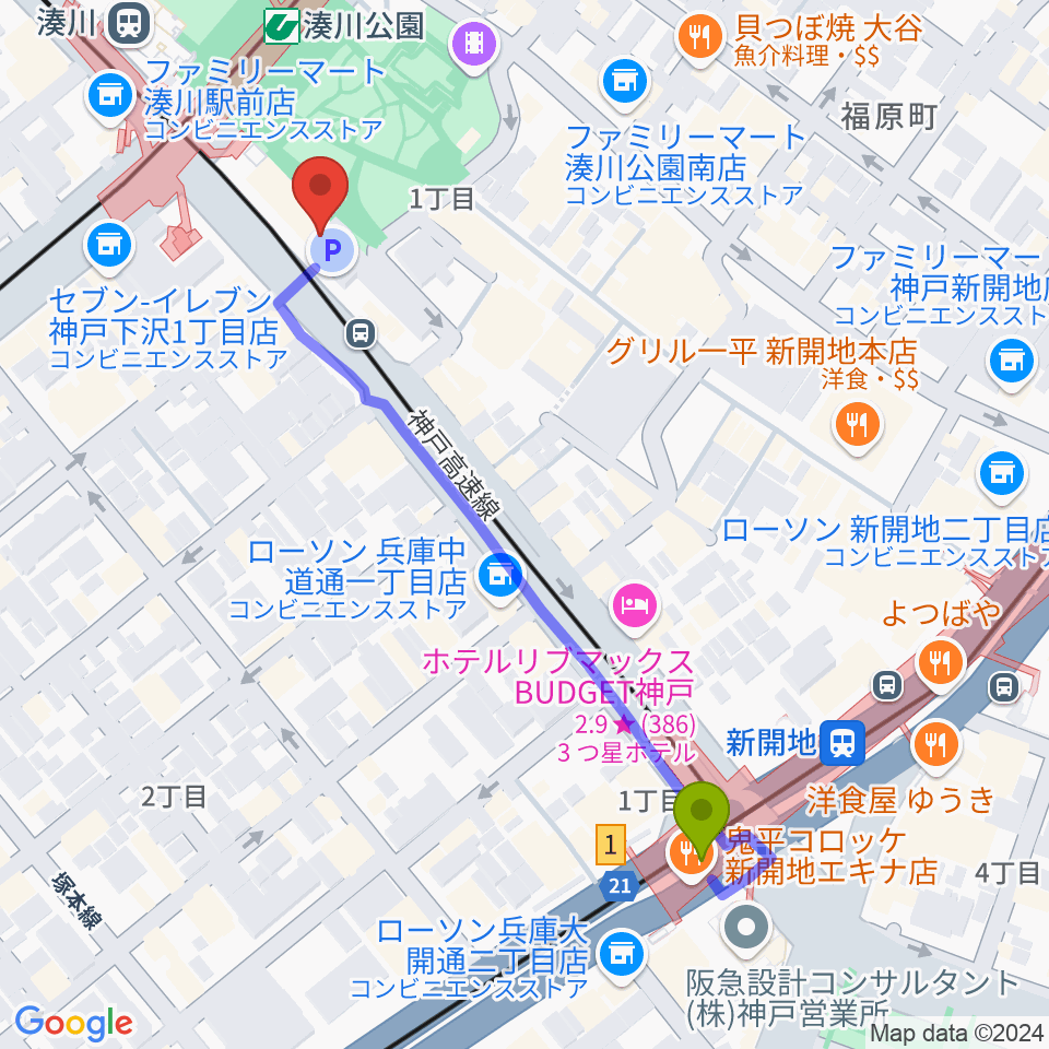 新開地駅から新開地MILKY SOUNDへのルートマップ地図