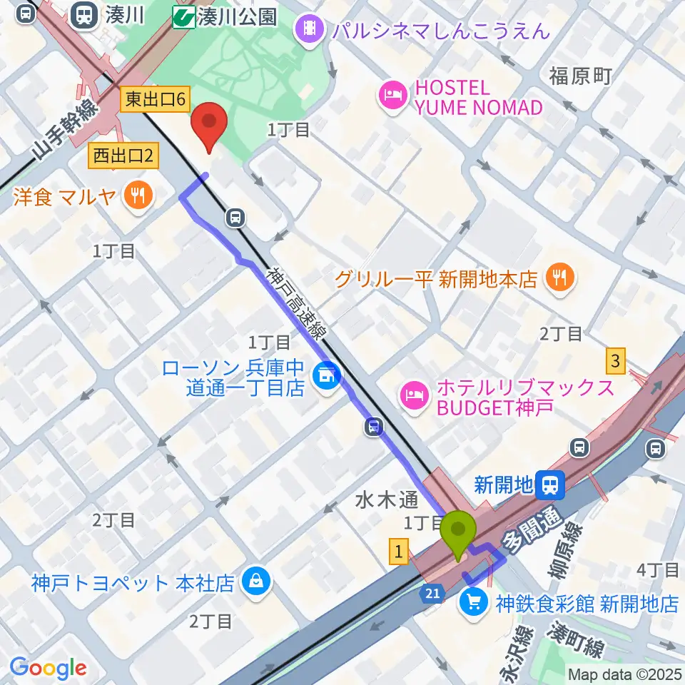 新開地駅から新開地MILKY SOUNDへのルートマップ地図