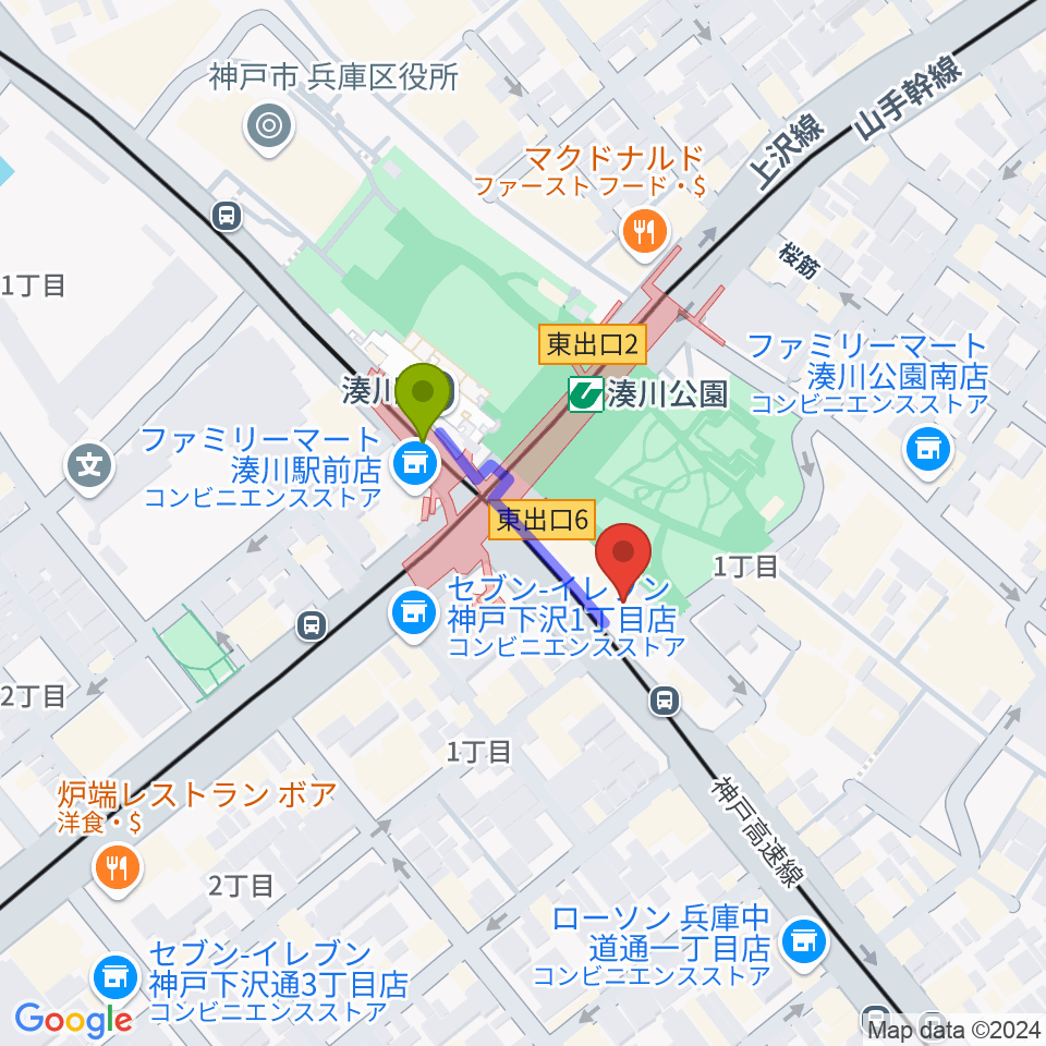 新開地MILKY SOUNDの最寄駅湊川駅からの徒歩ルート（約2分）地図