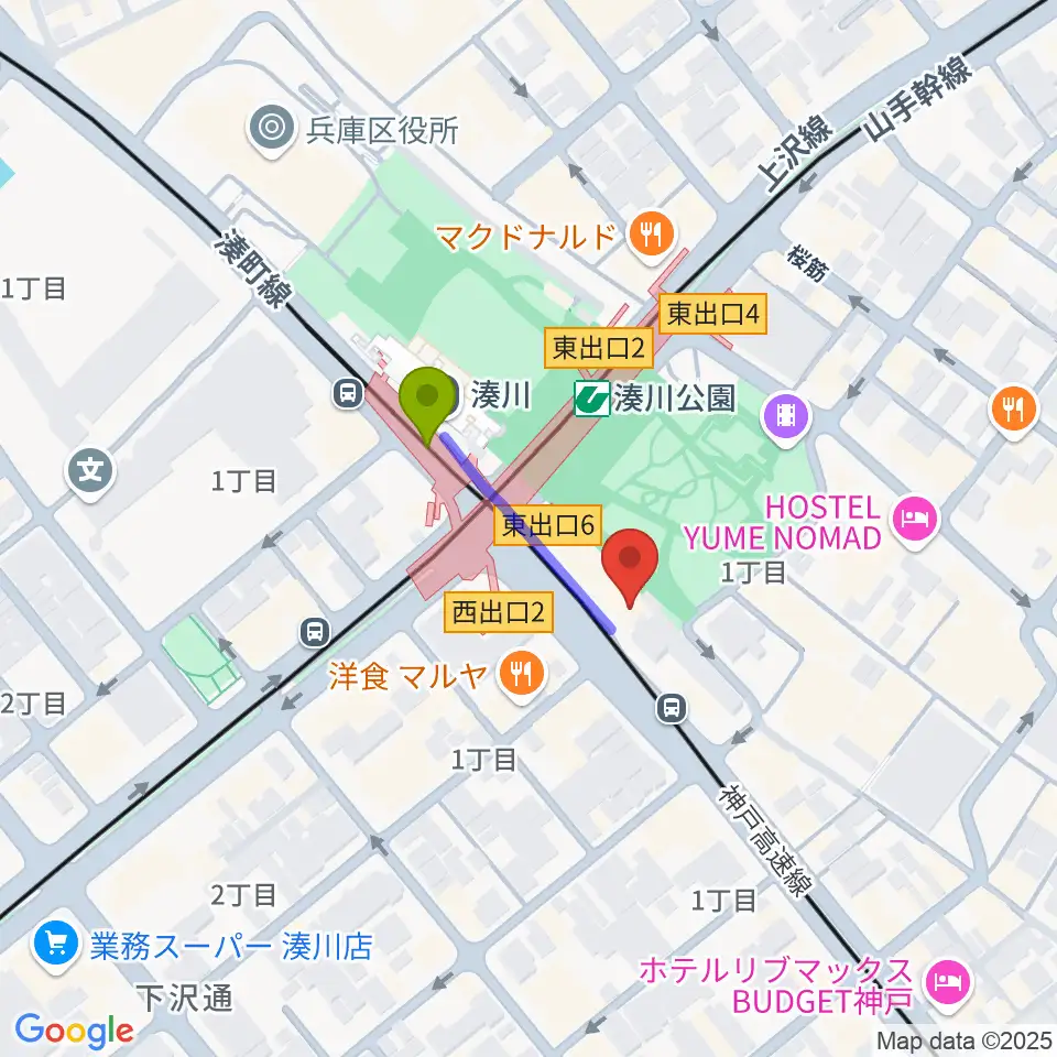 新開地MILKY SOUNDの最寄駅湊川駅からの徒歩ルート（約2分）地図