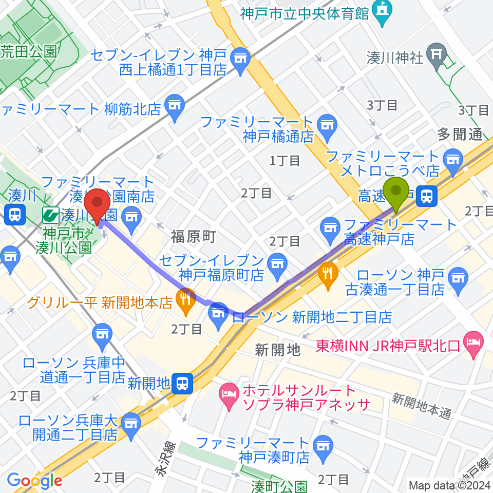高速神戸駅からパルシネマしんこうえんへのルートマップ地図