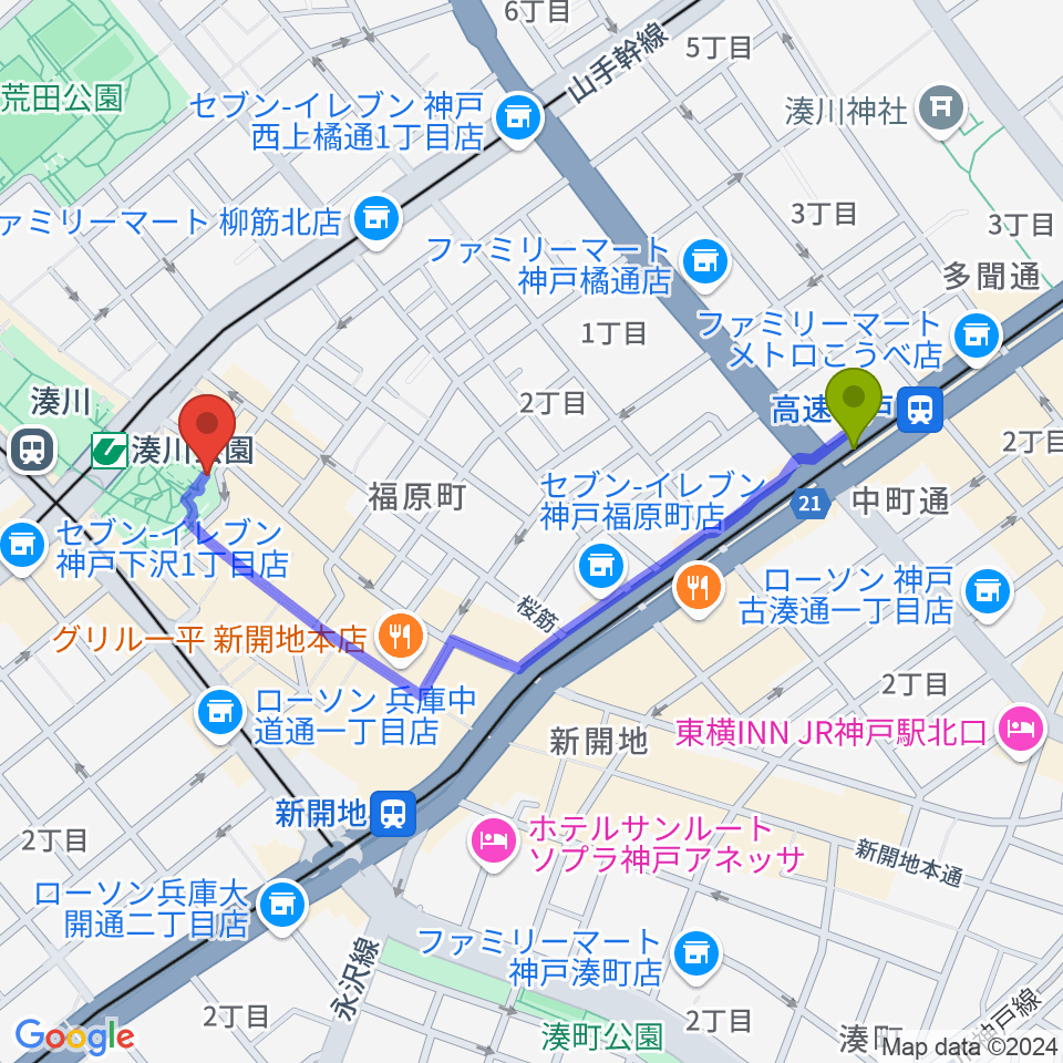 高速神戸駅からパルシネマしんこうえんへのルートマップ地図