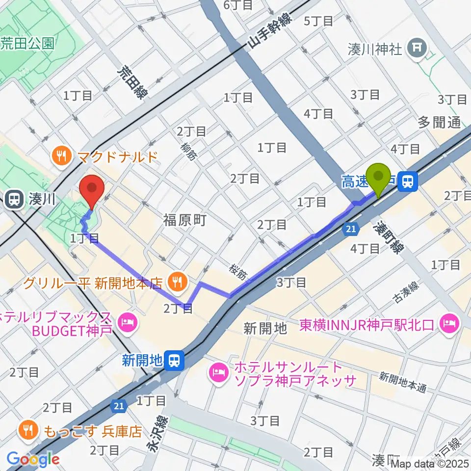 高速神戸駅からパルシネマしんこうえんへのルートマップ地図