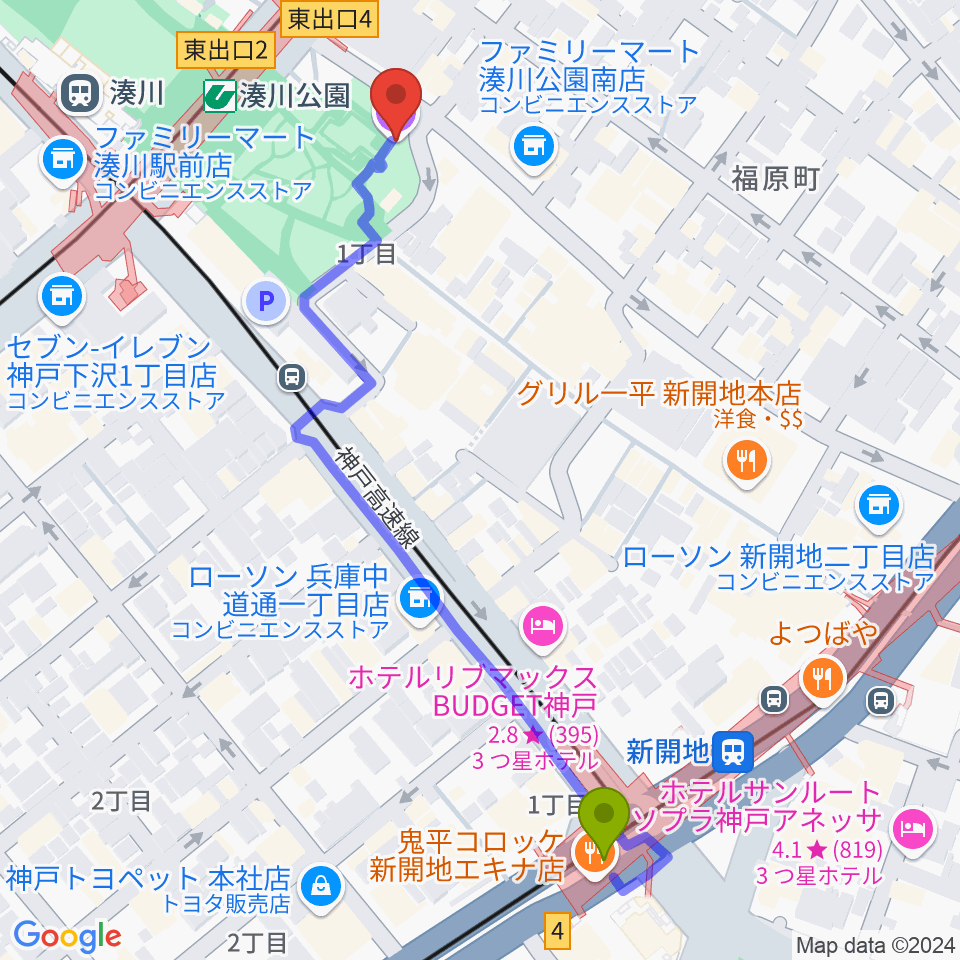 新開地駅からパルシネマしんこうえんへのルートマップ地図