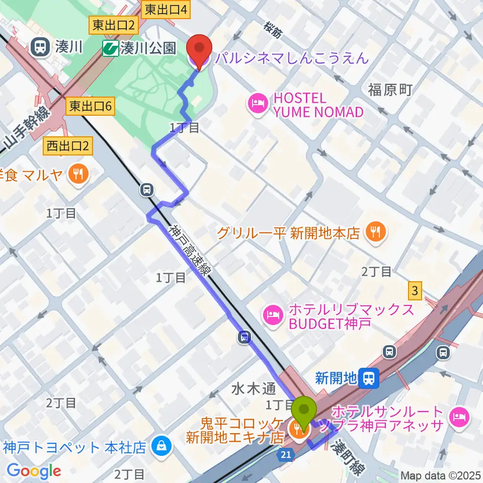 新開地駅からパルシネマしんこうえんへのルートマップ地図