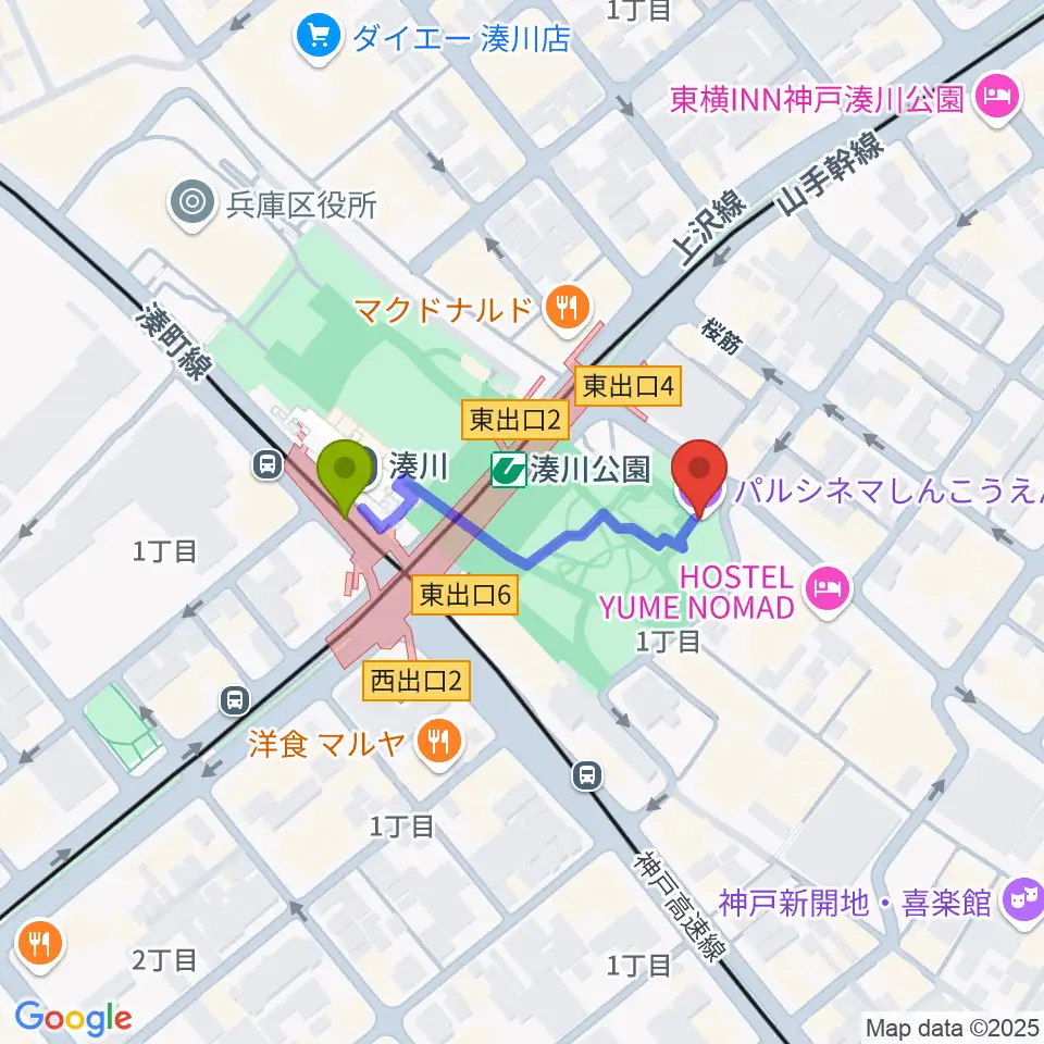 パルシネマしんこうえんの最寄駅湊川駅からの徒歩ルート（約3分）地図