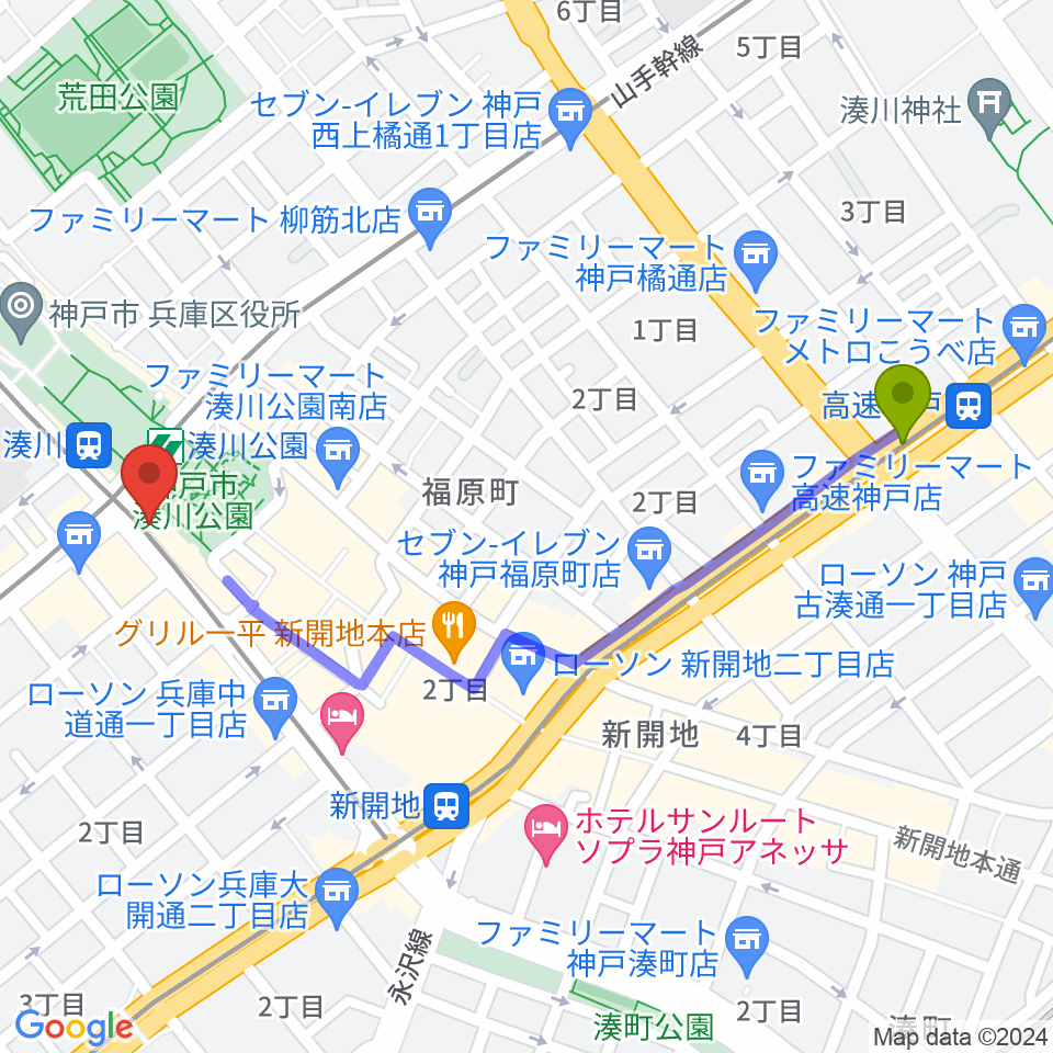 高速神戸駅から湊川 一番星食堂へのルートマップ地図