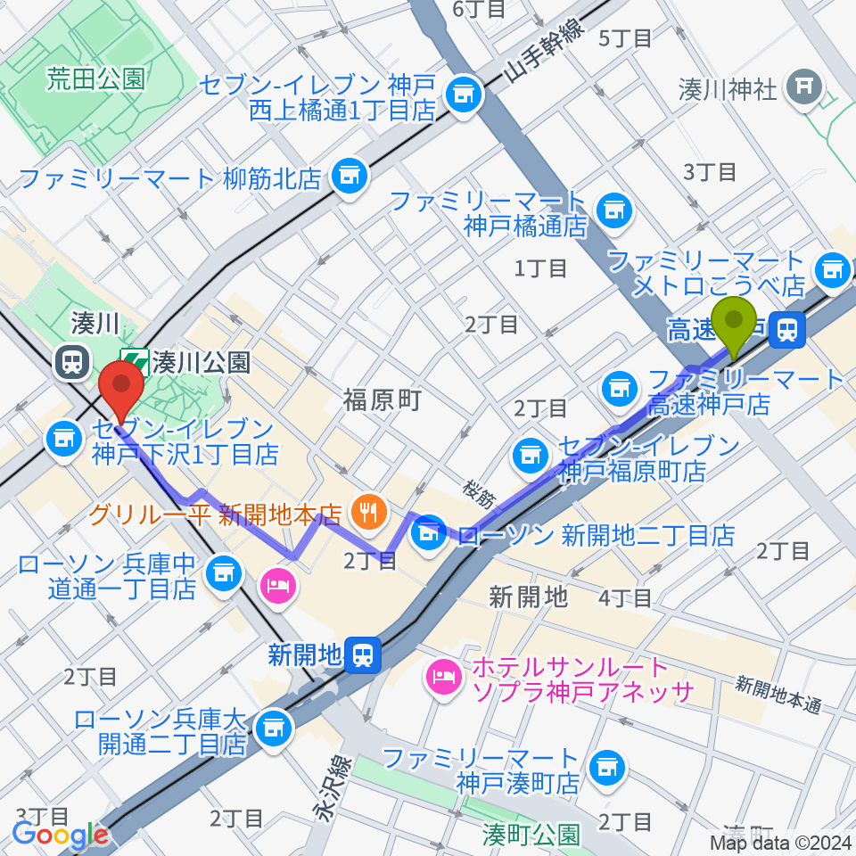 高速神戸駅から一番星食堂へのルートマップ地図