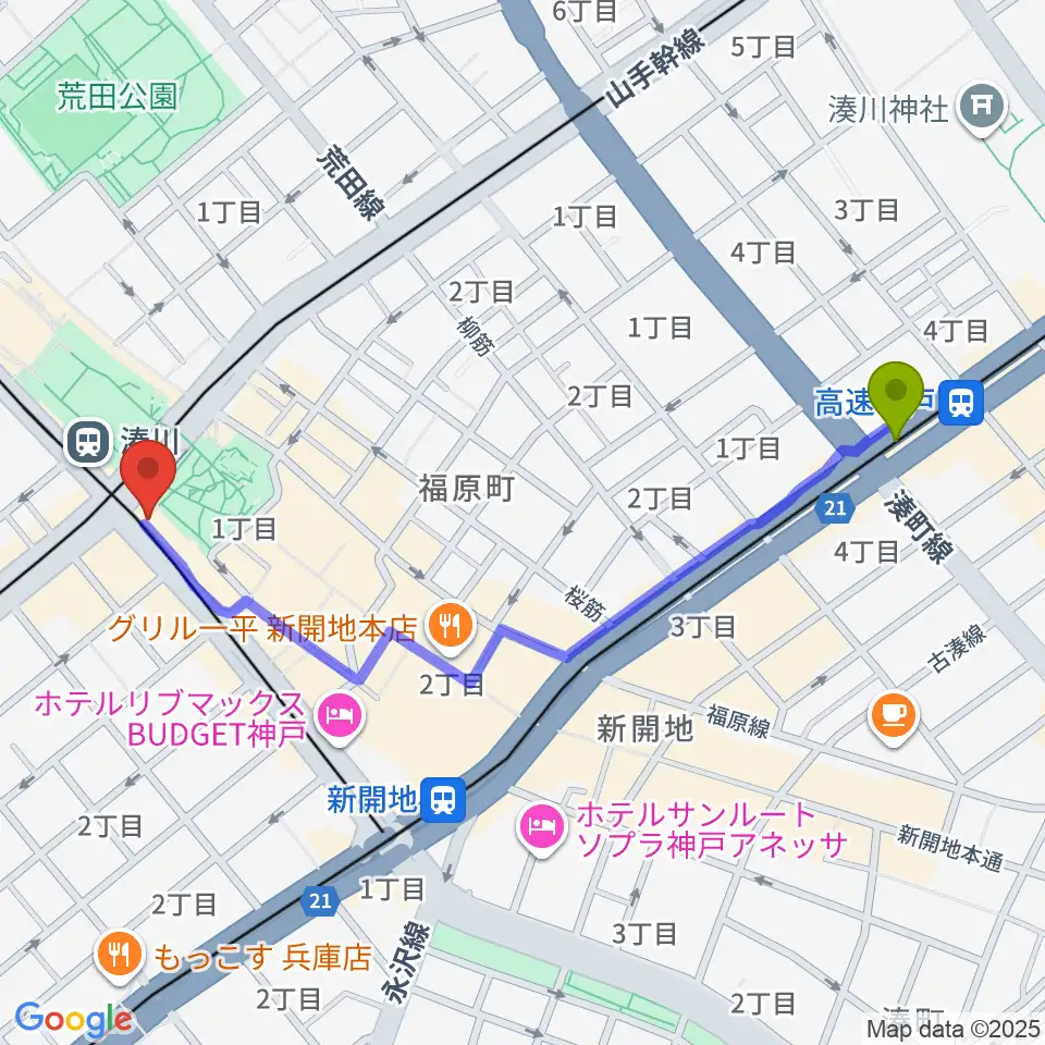 高速神戸駅から一番星食堂へのルートマップ地図