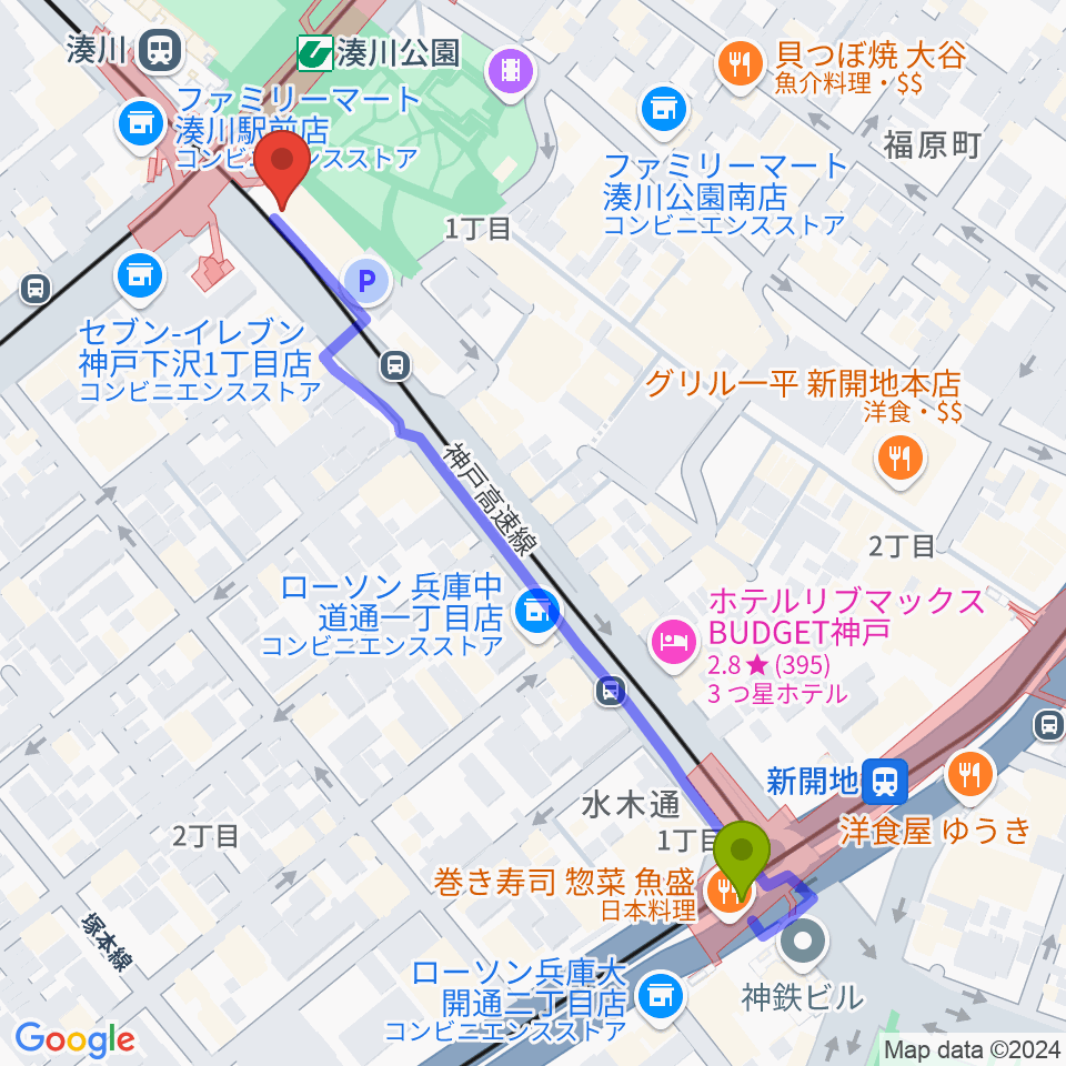 新開地駅から一番星食堂へのルートマップ地図