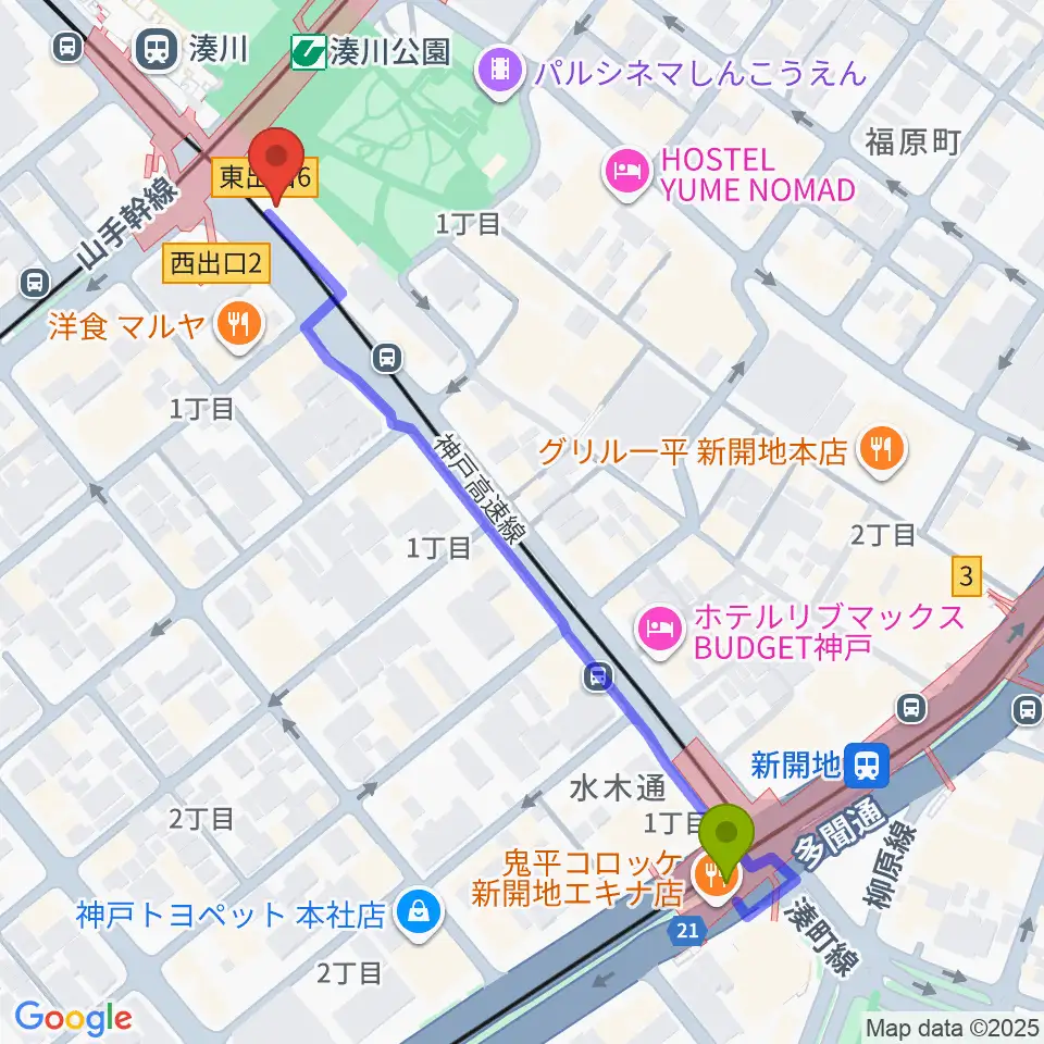 新開地駅から一番星食堂へのルートマップ地図