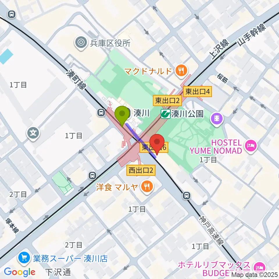 一番星食堂の最寄駅湊川駅からの徒歩ルート（約1分）地図