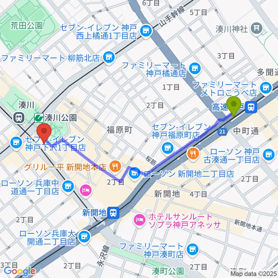 高速神戸駅からKey Westへのルートマップ地図