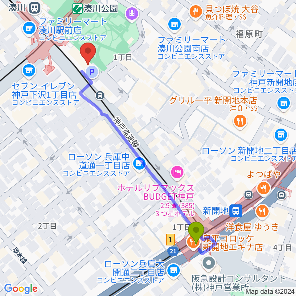 新開地駅からKey Westへのルートマップ地図