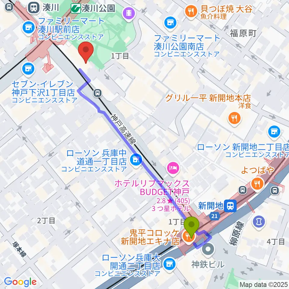 新開地駅からKey Westへのルートマップ地図