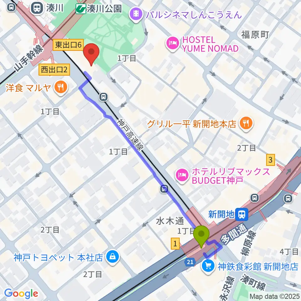 新開地駅からKey Westへのルートマップ地図