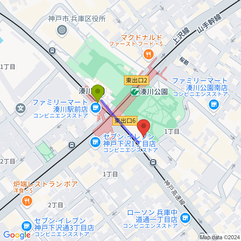 Key Westの最寄駅湊川駅からの徒歩ルート（約2分）地図