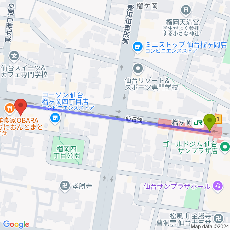 榴ケ岡駅から仙台音屋スタジオ＋へのルートマップ地図