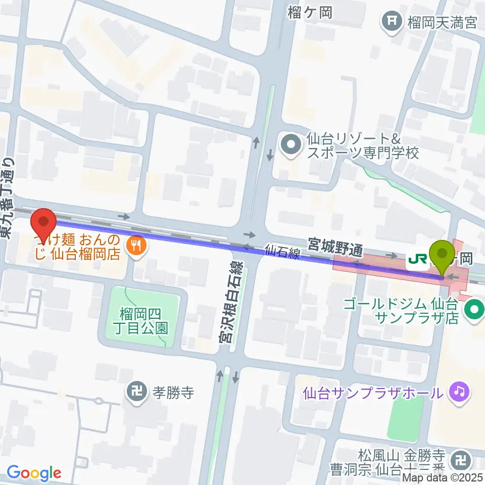 榴ケ岡駅から仙台音屋スタジオ＋へのルートマップ地図